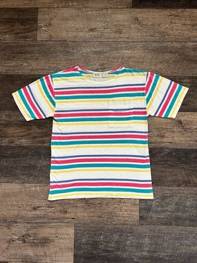 VTG 90s Huntington Ridge Adult Sz Small Striped Pocket T Shirt Short Sleeve